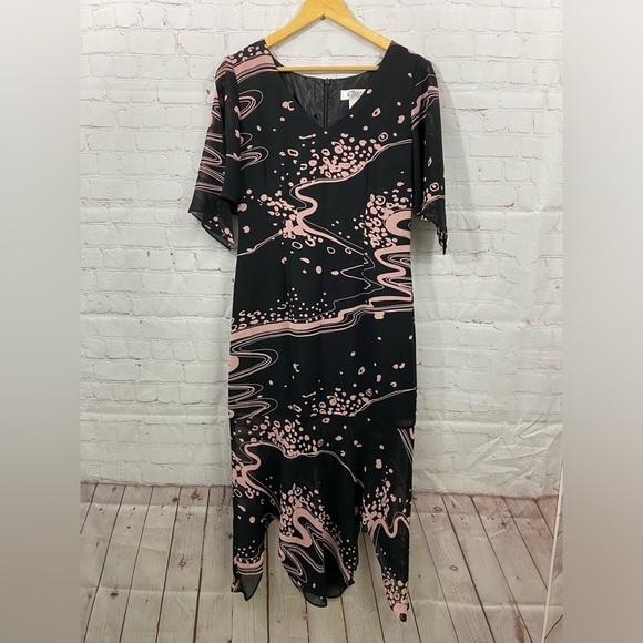 Clues Collections Dark Black Pink Geo design Fully Lined Womens size 6 Dress - Picture 11 of 12